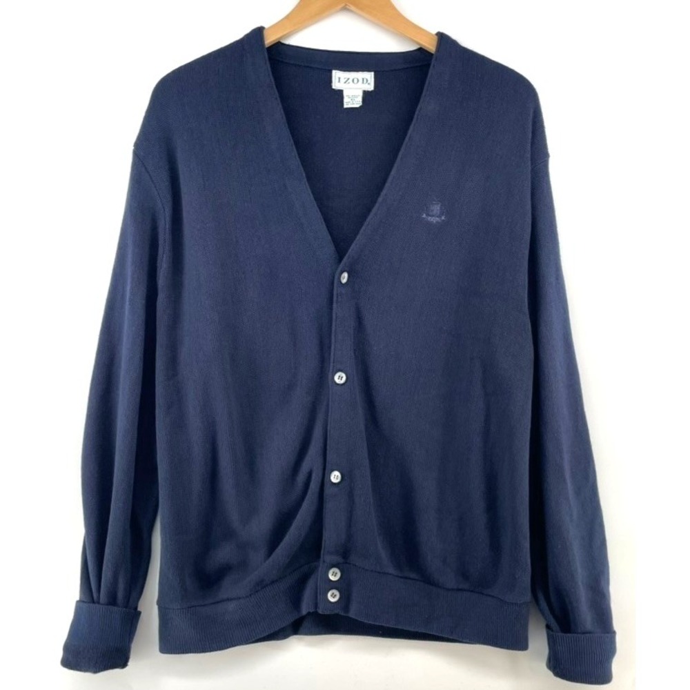 Vintage Izod Sweater Mens XL Blue Cardigan Made USA Crest‎ Logo Grandpa Hipster